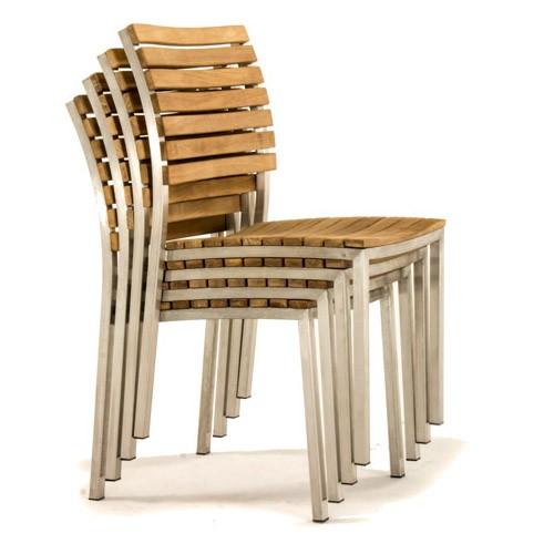 alt="21007 Vogue teak and stainless steel Side Chair stacked 4 high in right side view on white background"