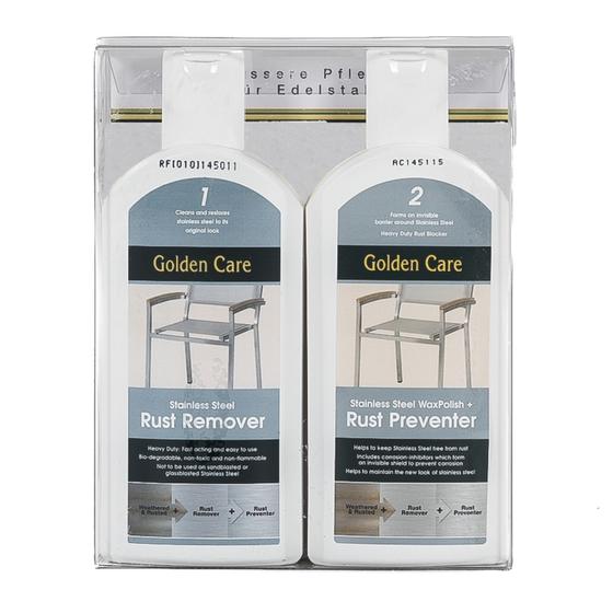 30107 Golden Care Stainless Steel Care Kit showing 2 bottles in a package on white background