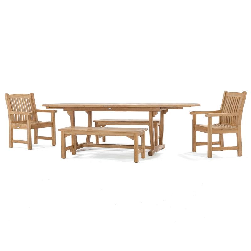 alt="70446 Montserrat 5 piece Picnic Set of 2 Veranda armchairs and 2 Veranda backless benches and Montserrat oval teak extendable table side view on white background"