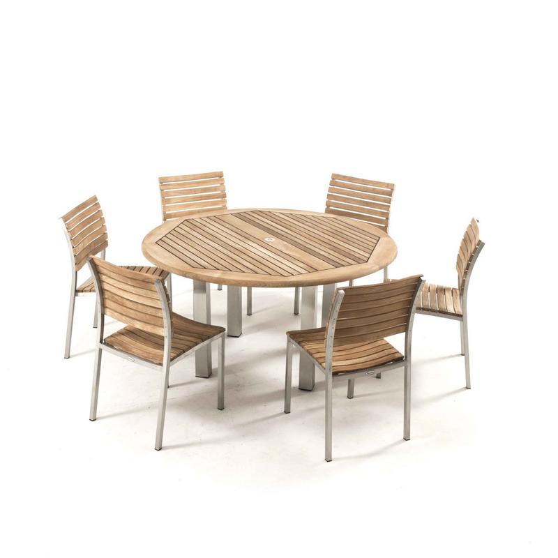 alt="Vogue 7 pc Teak & Stainless Steel Round Dining Set - Picture M"