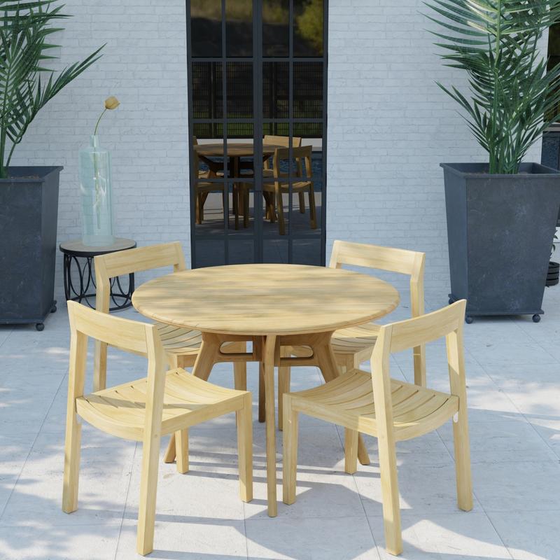 alt="70355 Horizon Surf 5 pc Cafe Dining Set in aerial side view on stone patio with 2 potted plants and window in the background"