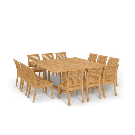  70435 Pyramid 14 pc Teak Dining Set of 2 Pyramid Rectangular Tables and 12 Laguna Side Chairs in angled corner view on white background