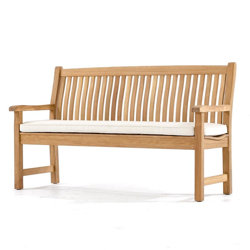 alt="13618 Veranda Teak 5 foot long Bench angled view with canvas color cushion on seat on white background"