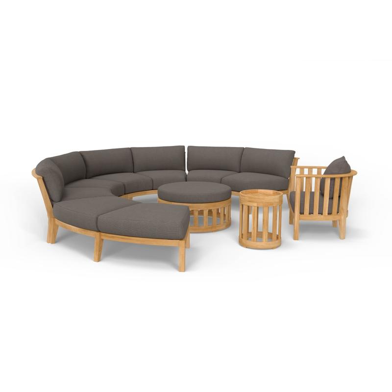 alt="70864 Kafelonia 7 pc Lounge Sofa Set of 3 Kafelonia Sofa Sectional Benches and Backless Sofa Sectional and Barrel Chair and Teak Coffee and Side Table side view on white background"