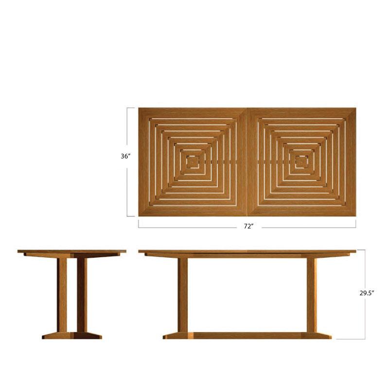 alt="15816 Pyramid 6 ft Teak Table showing autocad of table top and end view and side view on white background"