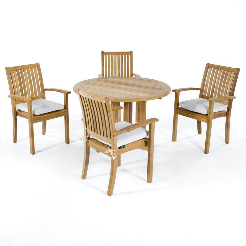 alt="70033 Sussex Barbuda 5 piece teak Dining Set with  of 4 teak dining armchairs with optional canvas colored seat cushions and 48 inch round dining table angled on white background"