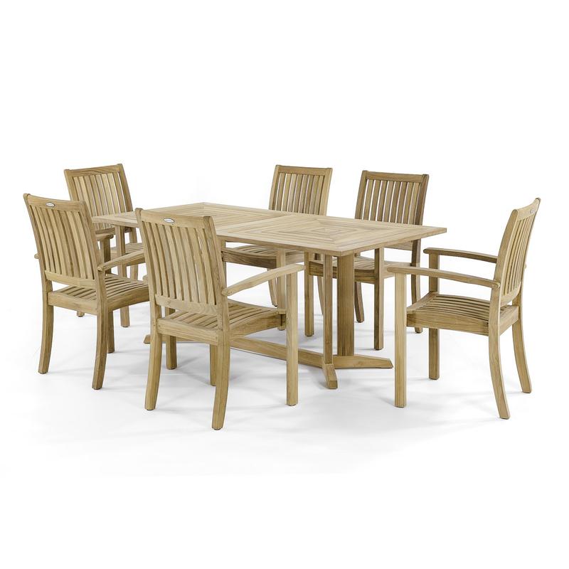 alt="70517 Sussex Pyramid teak 7 piece rectangular Dining Set angled aerial view on white background"