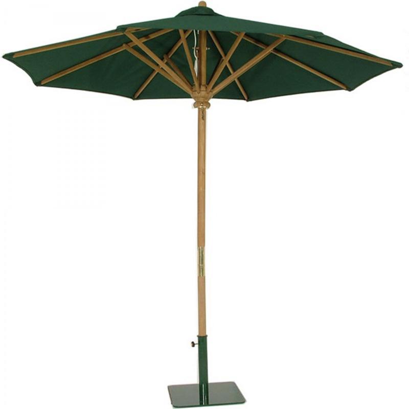 alt="17540F Somerset 8 foot Round teak Umbrella fully extended with forest green canopy in our heavy duty steel parasol base on white background"