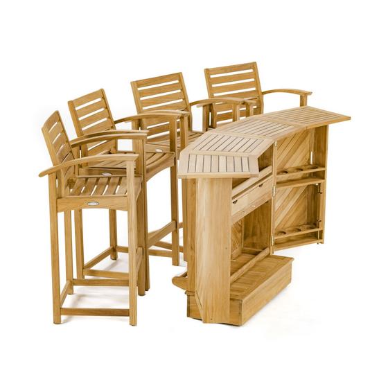 70072 somerset teak bar and stool set with 4 barstools with armrests and teak bar opened side view on white background