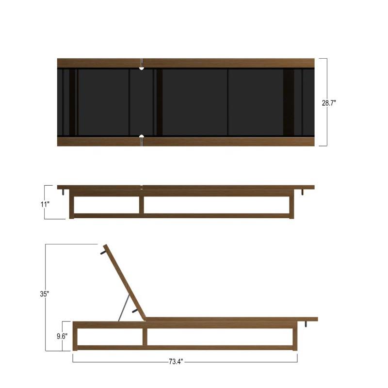 alt="16771 Maya teak Sling Lounger in black textilene mesh fabric autocad in top view and two side views lying flat and with back rest upright on white background"