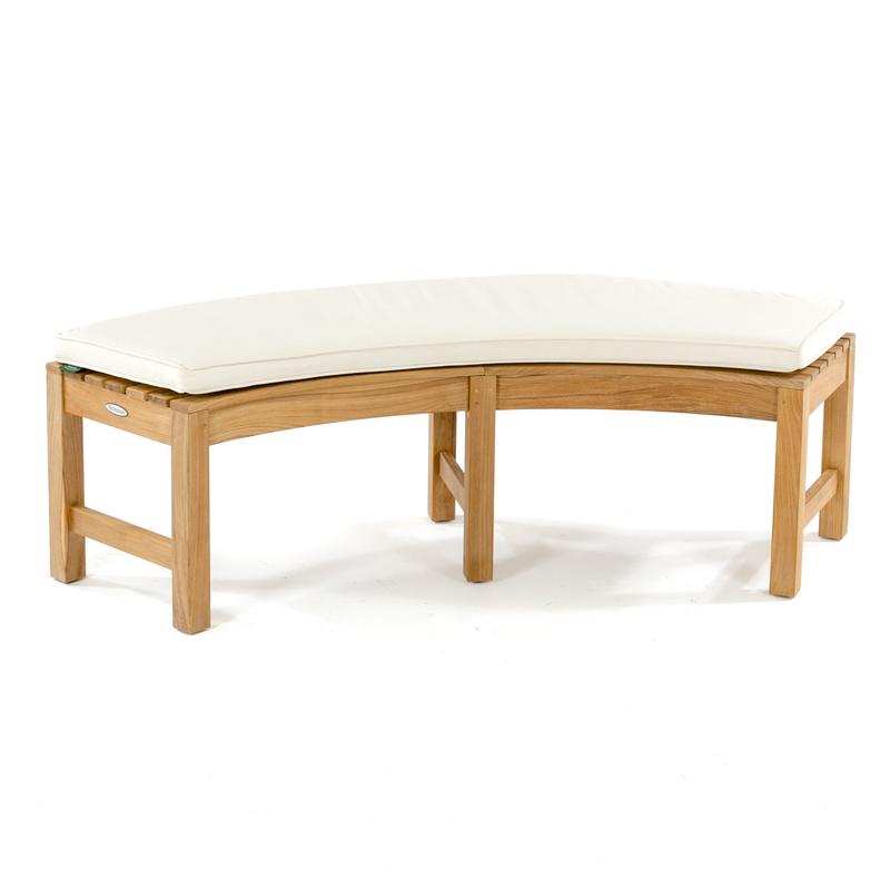 alt="13937 Buckingham Teak Backless Bench angled view showing optional canvas color cushions on white background"