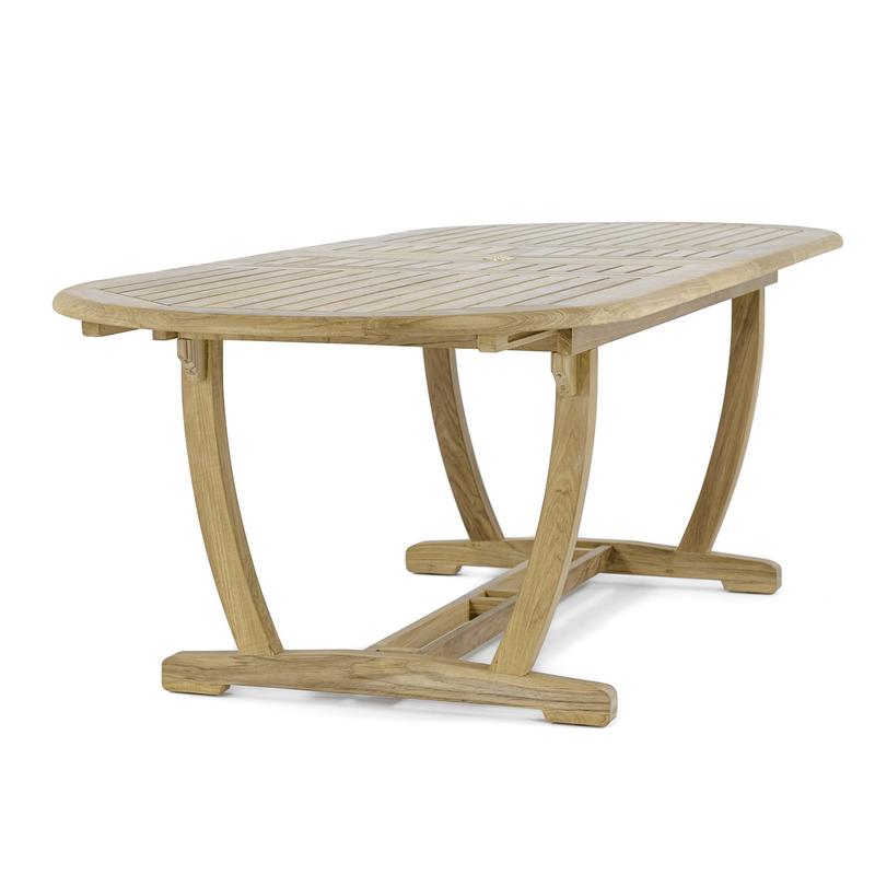 alt="15504 Montserrat Teak Oval Table angled end view on white background"