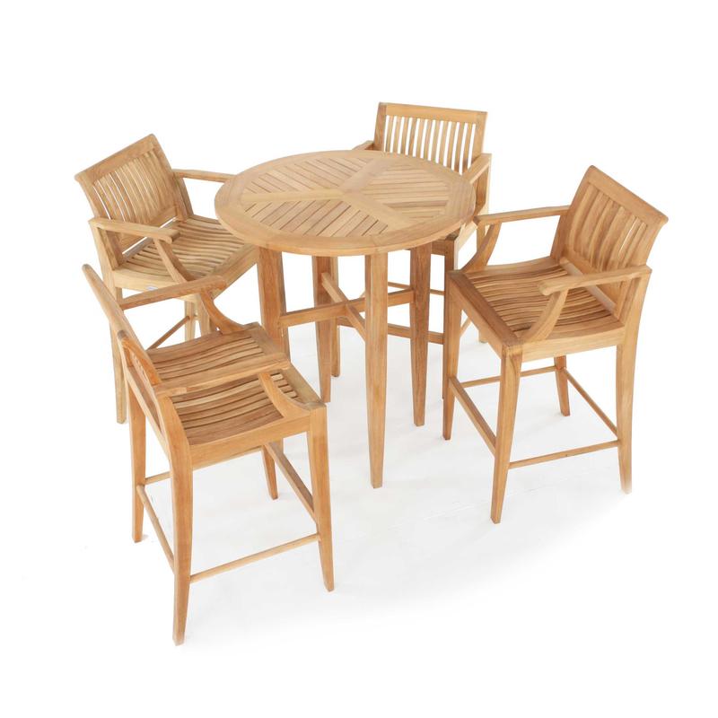alt="70294 Laguna 5 piece teak Round Bar 36 inch diameter Table Set aerial view on a white background"