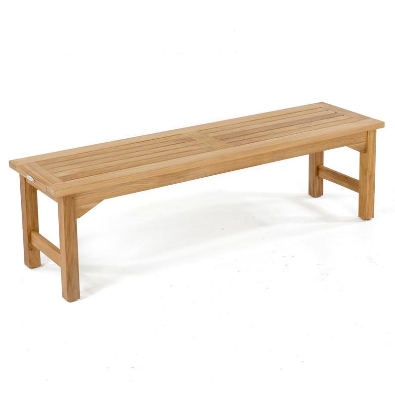 alt="13929 Veranda 5 ft Teak Backless Bench in angled side view on white background"