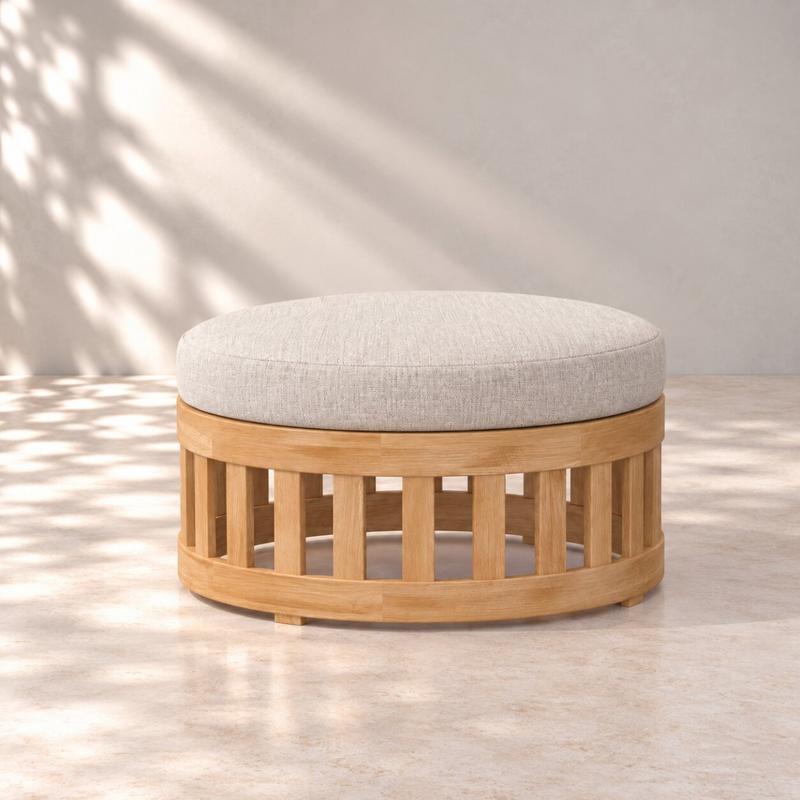 alt="Kafelonia Round Teak Ottoman with Sunbrella Cushio - Picture A"