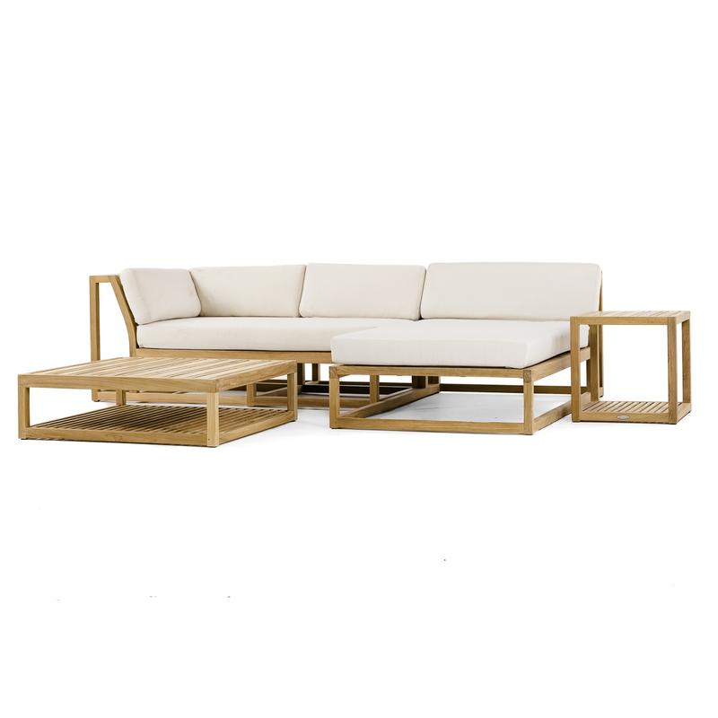 alt="70658 Maya 4pc Lounge Set showing right side sofa teak chaise coffee table end table front angled on white background"