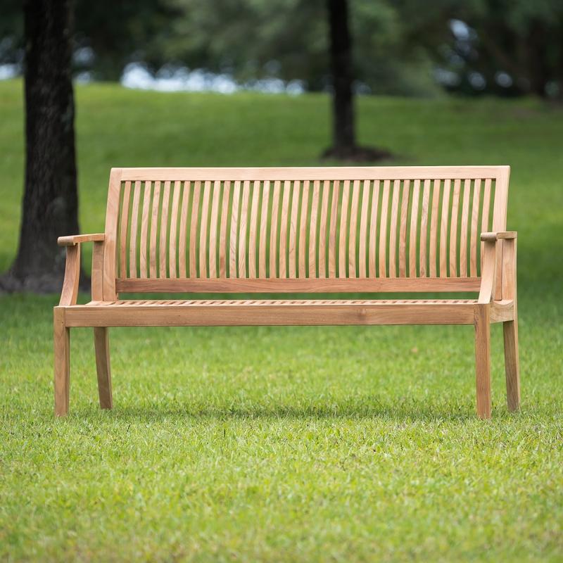 alt="13811ph Laguna 6 foot teak bench on grass lawn and two trees in background"