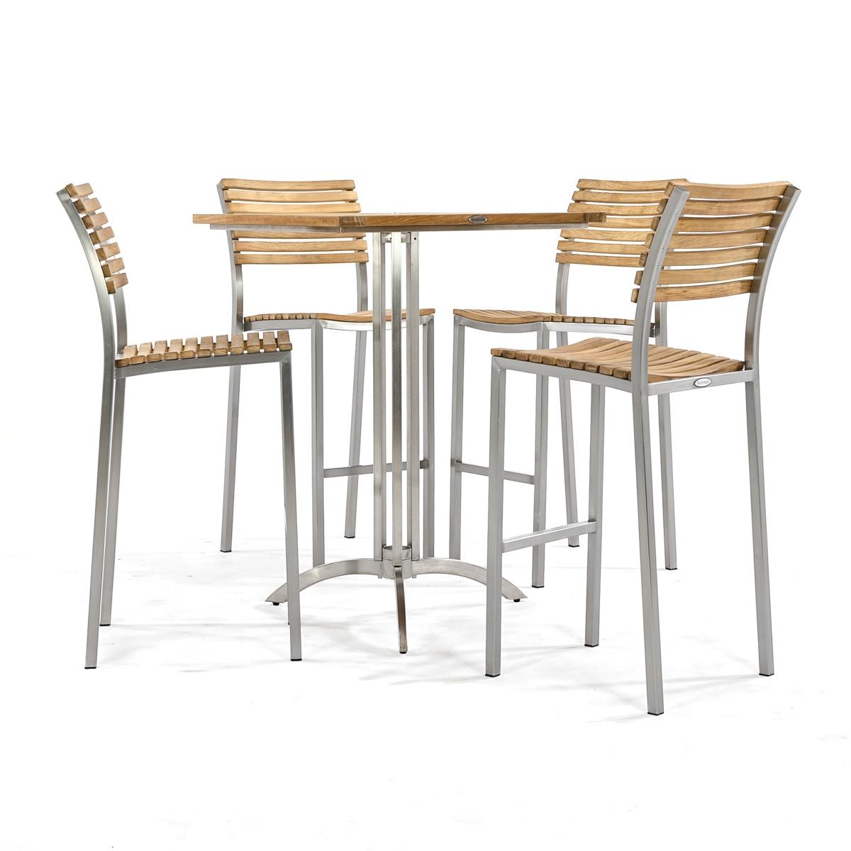 70075 Vogue teak and stainless steel 5 piece High Bar Set of 4 barstools and 30 inch square bar table side view on white background