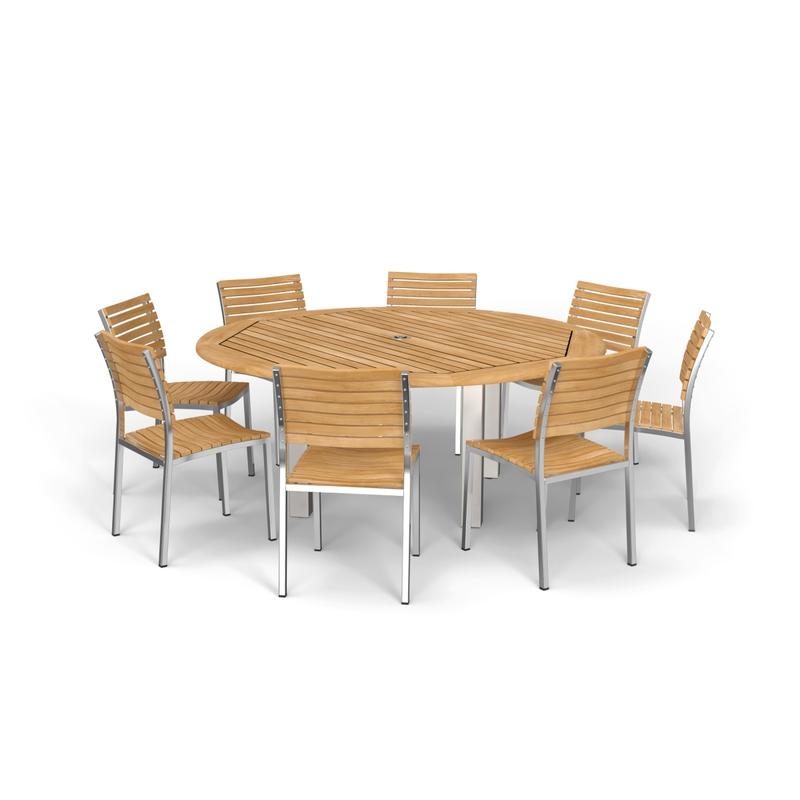 alt="70444 Vogue Teak Dining Set for 8 of  Vogue 6 ft Round Table and 8 Vogue Side Chairs in angled top view on white background"