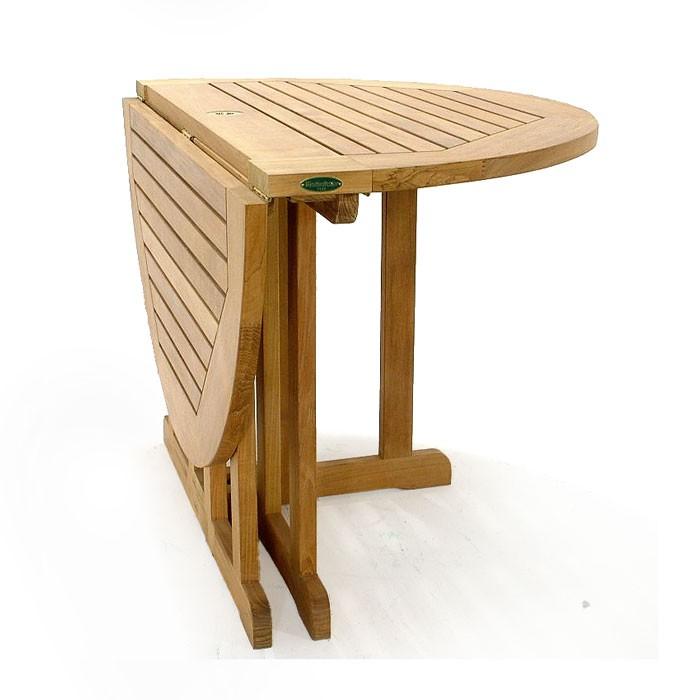alt="70066 Barbuda Round 4 foot diameter teak dining table half folded on white background"