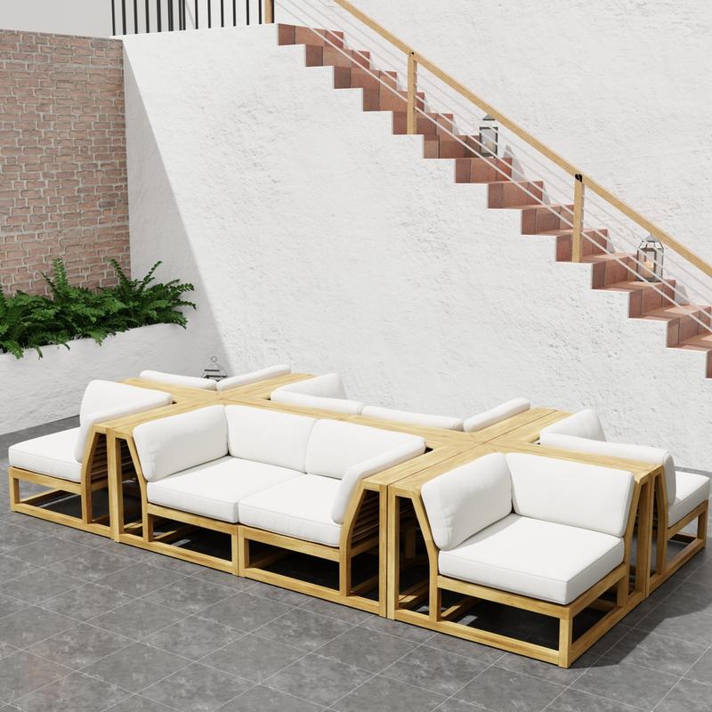 alt="70280 Maya 8 piece Lounge Set of 8 Maya Corner Sectionals in angled front view on patio with staircase to house in background"