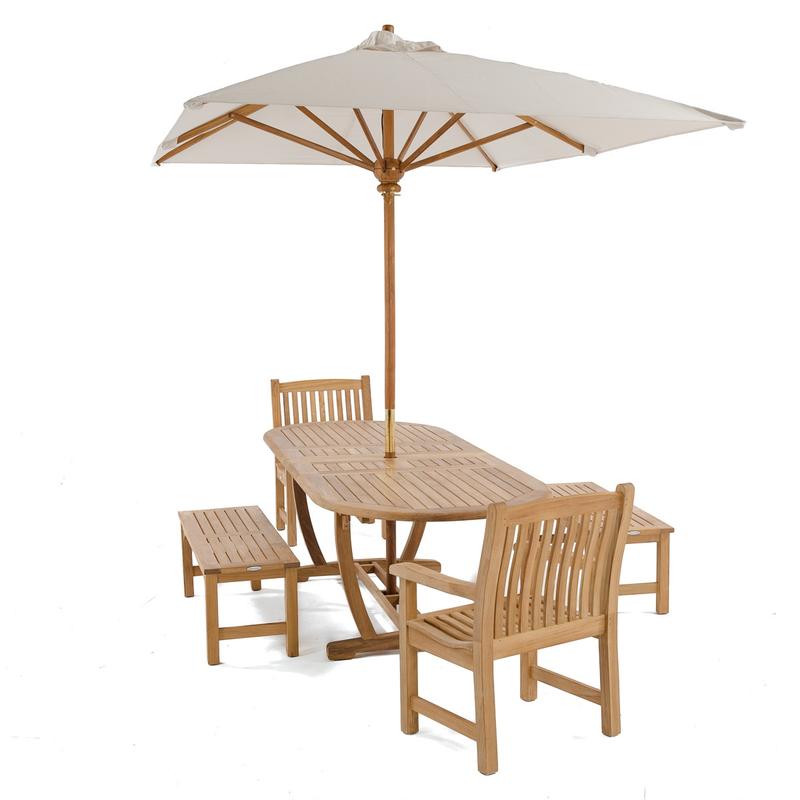 alt="70446 Montserrat 5 piece Picnic Set of 2 Veranda armchairs and 2 Veranda backless benches and oval teak extendable table with optional open rectangular umbrella on white background"