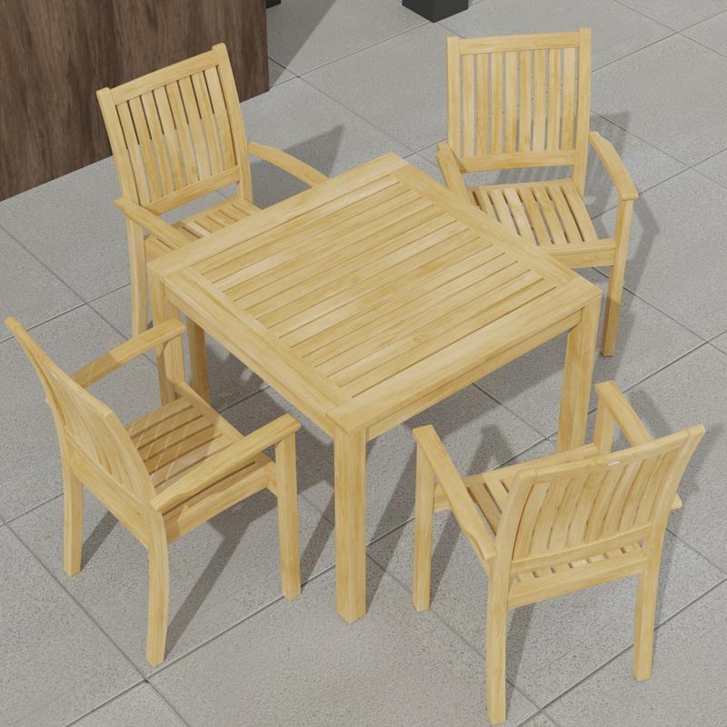 alt="70210 Sussex 5 pc Teak Dining Set of Square Bistro Teak Table and 4 Sussex Armchairs in angled aerial view of table top on patio with  house in the background"