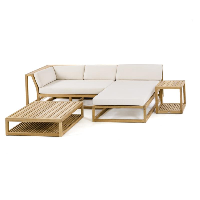 alt="70658 Maya 4pc Lounge Set with cushions showing right side sofa teak chaise coffee table end table front aerial view on white background"