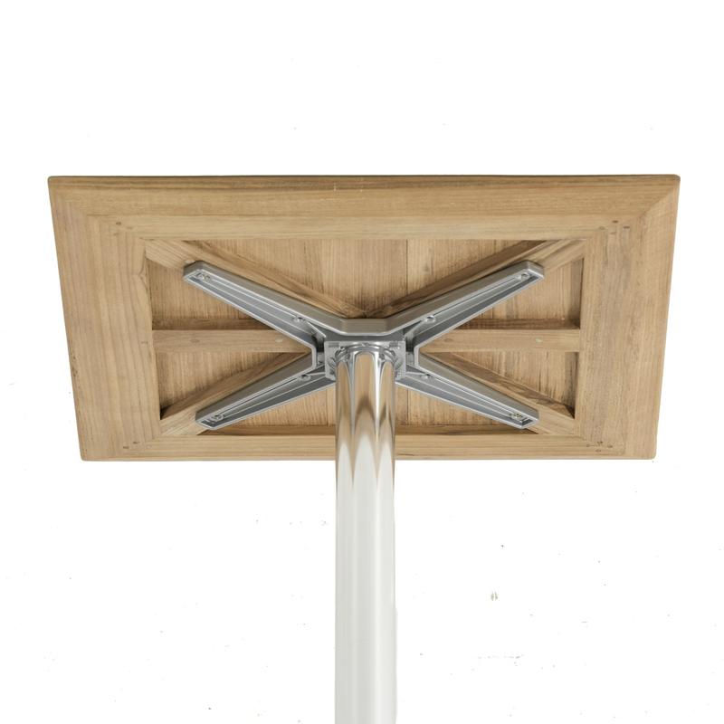 alt=" 70673 Vogue teak 24 inch square bar table top showing underneath and stainless steel table base attachment on white background "