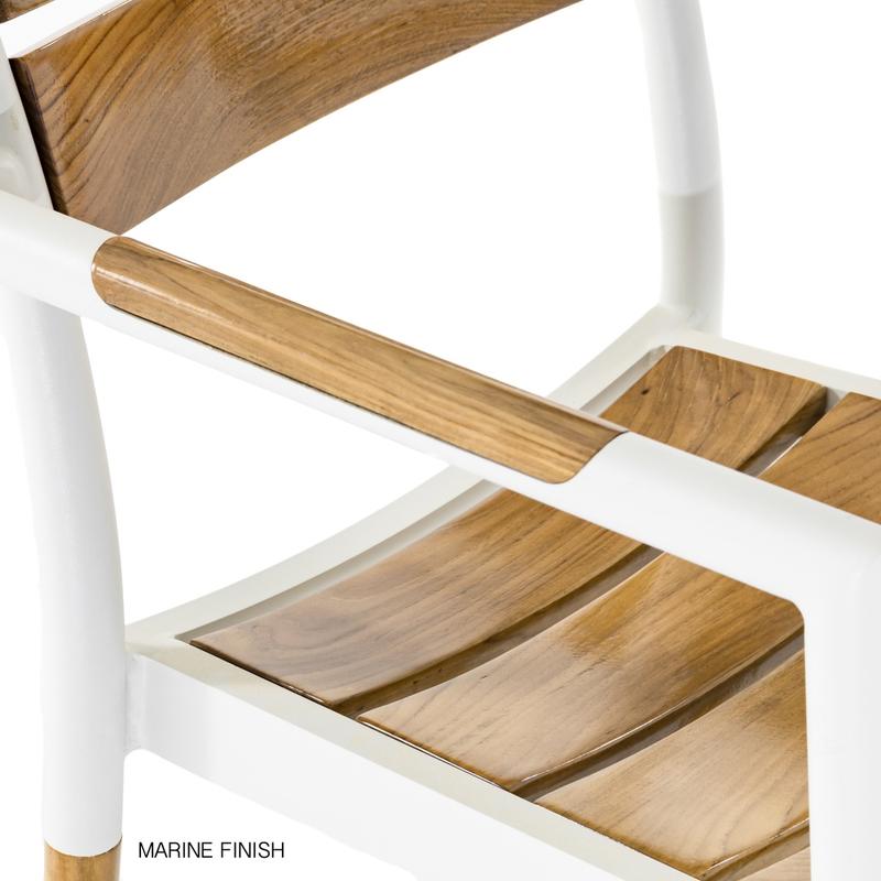 alt="70448 Bloom aluminum and teak dining chair in Marine finish closeup view of chair seat and armrest and back on white background"