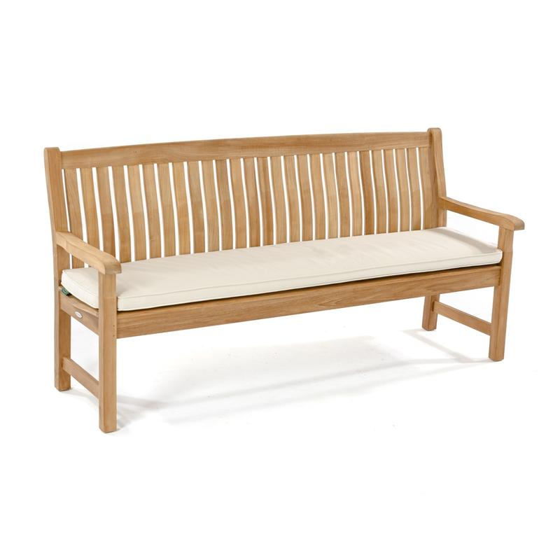 alt="13883 Veranda 6 foot long Teak Bench angled view with canvas color optional cushion on seat on white background"