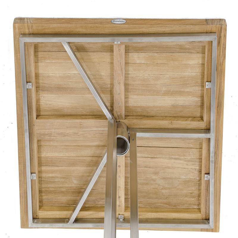 alt="25313 Vogue Square 30 inch square Teak and Stainless Steel Bar Table showing under table view on white background"