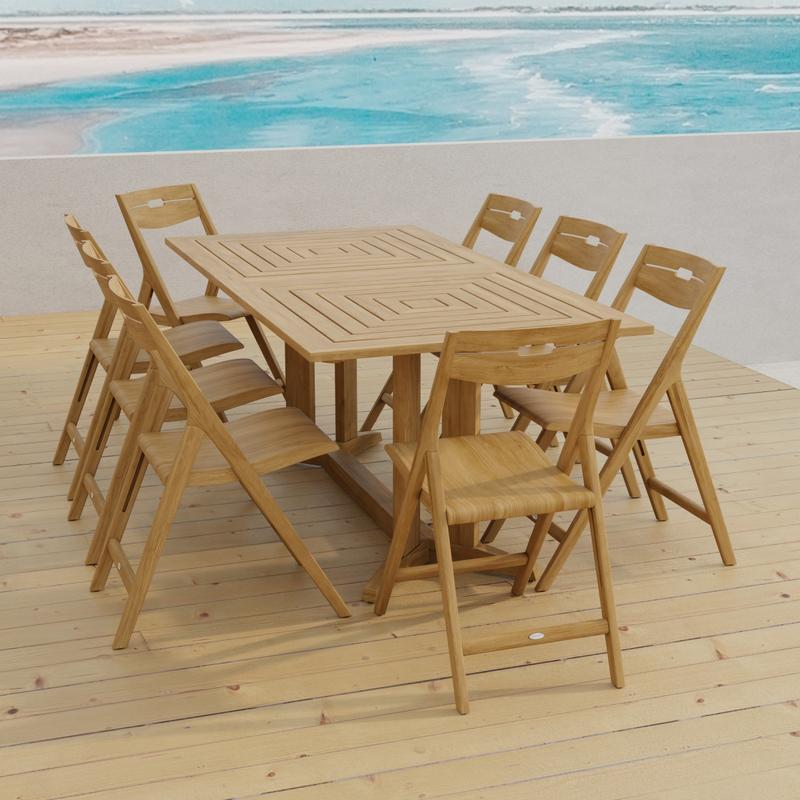 alt="70464 Surf Pyramid Teak Dining Set for 8 angled end view on outdoor terrace with beach and ocean in the background "