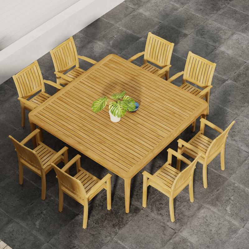 alt="70896 Veranda Sussex Dining Set for 8 with a bowl and flower vase on table top on tiled patio in aerial view showing table top"
