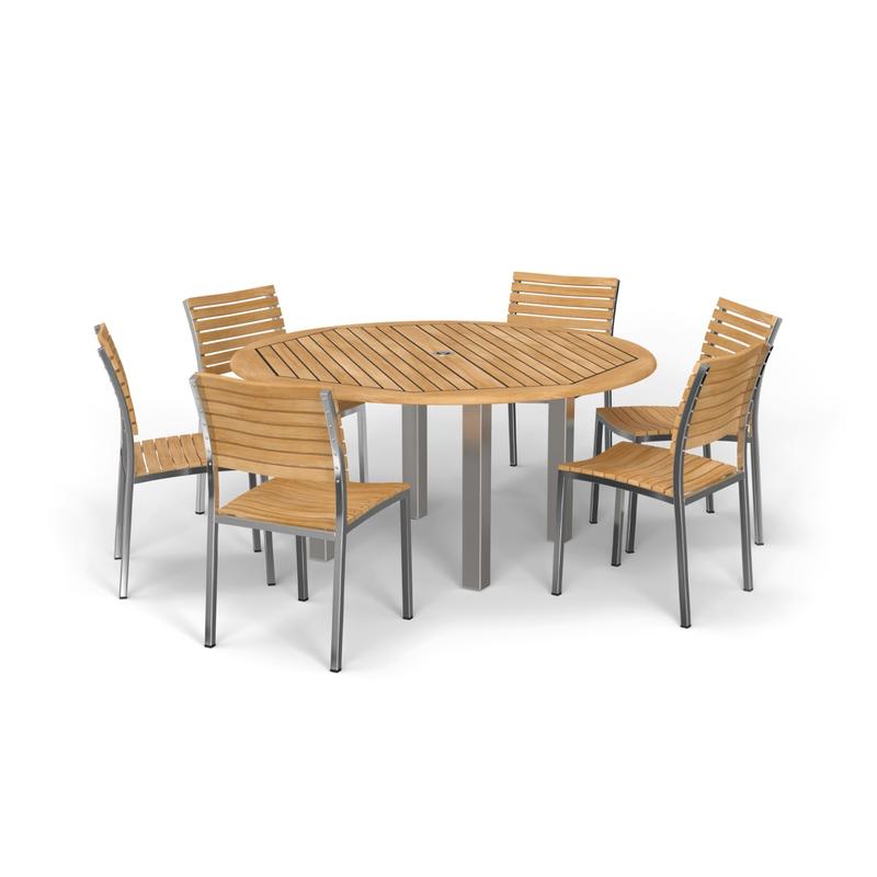 alt="70439 Vogue Dining Set for 6 of Vogue Teak and Stainless Steel 60 inch Round Dining Table and 6 Vogue Side Dining Chairs angled view of table top on white background"