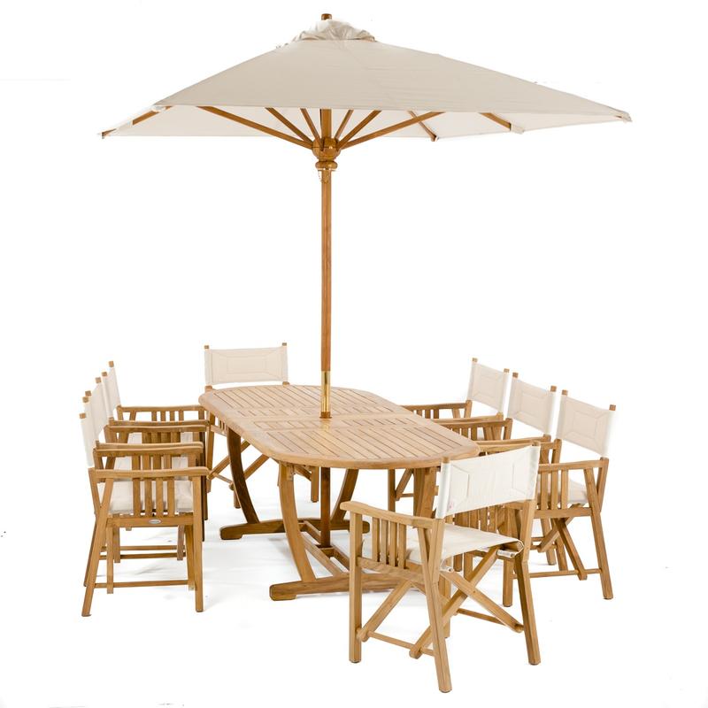 alt="70015 Montserrat Director 9 piece teak Dining Set of Montserrat Dining Table and 8 Barbuda Folding Director Chairs angled end view with optional open Umbrella on white background"