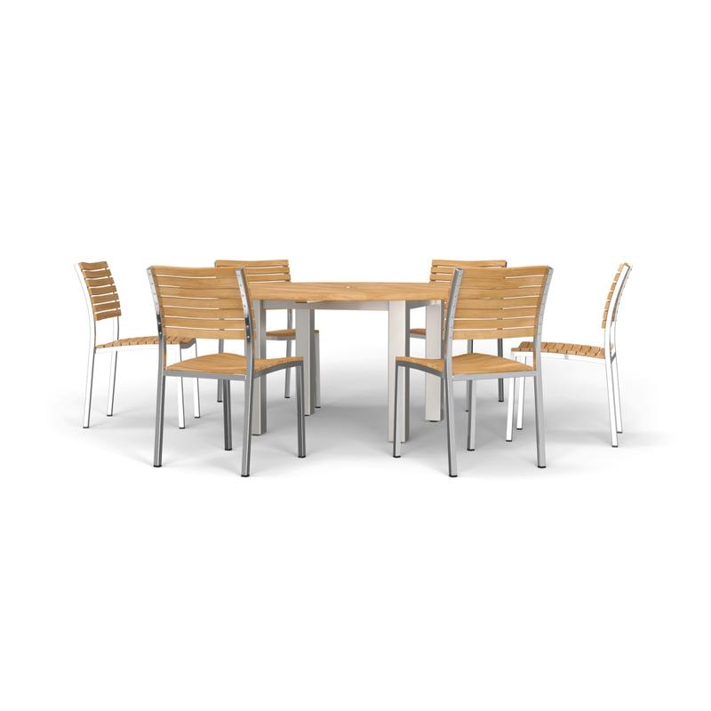alt="70428 Vogue 7pc Round Dining Set of Vogue 6 ft Round DIning Table and 6 Vogue Side Chairs in side view on white background"