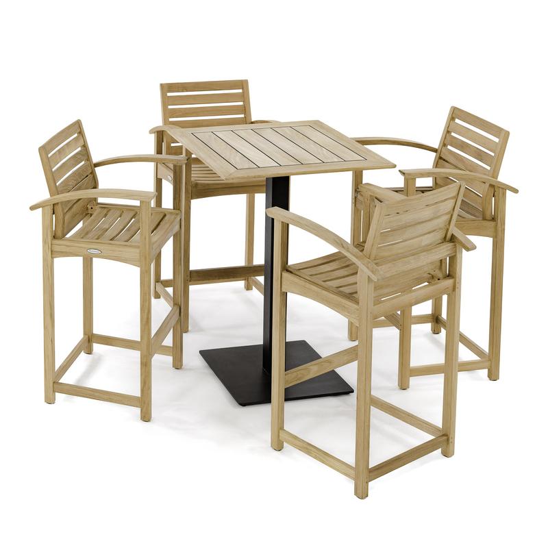 alt="70693 Somerset 5 piece High Bar Patio Set of a 30 inch square teak table in bar height and 4 teak barstools angled on white background"