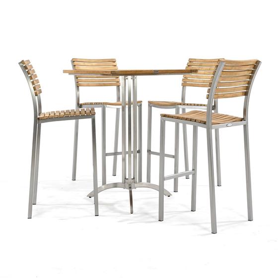 70075 Vogue teak and stainless steel 5 piece High Bar Set of 4 barstools and 30 inch square bar table side view on white background