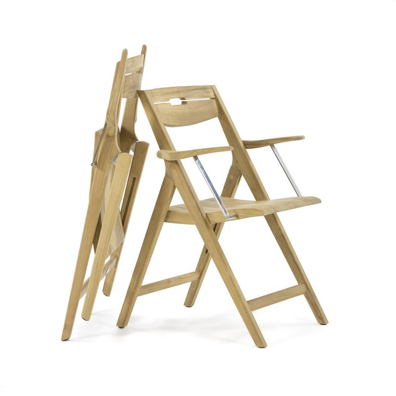 alt="12916 Two Surf teak folding Dining Chair 1 in side view and another folded leaning against opened chair on white background"
