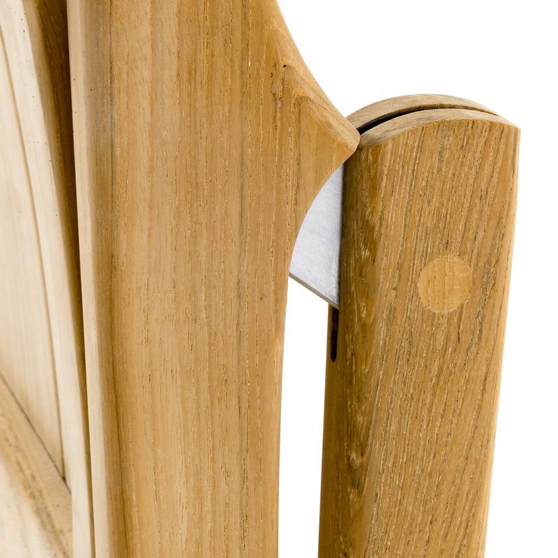 alt="70528 Surf teak folding dining side chair closeup showing folding hinge on white background"