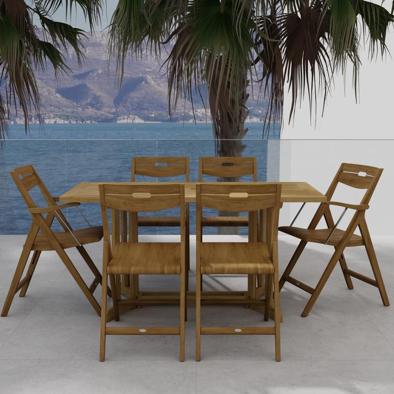 alt="70146 Surf Nevis Teak 7 pc Dining Set of Nevis Rectangular Dining Table and 2 Surf Dining Chairs and 4 Surf Side Chairs on tile patio overlooking the ocean and land mass in background"