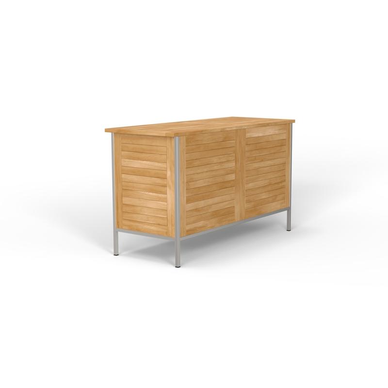 alt="28226 Vogue Teak and Stainless Steel Beverage Console in angled end view on white background"