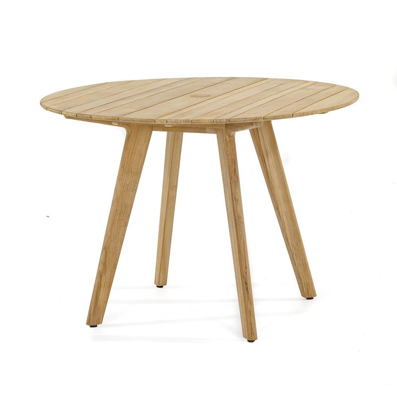 alt="70548 Vogue and Surf teak 42 round dining table side view of top and table legs on white background"