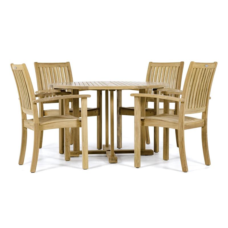 alt=" 70737 Sussex teak Round Dining Set angled top view with 4 armchairs and round 48 inch diameter round dining table side view on white background"