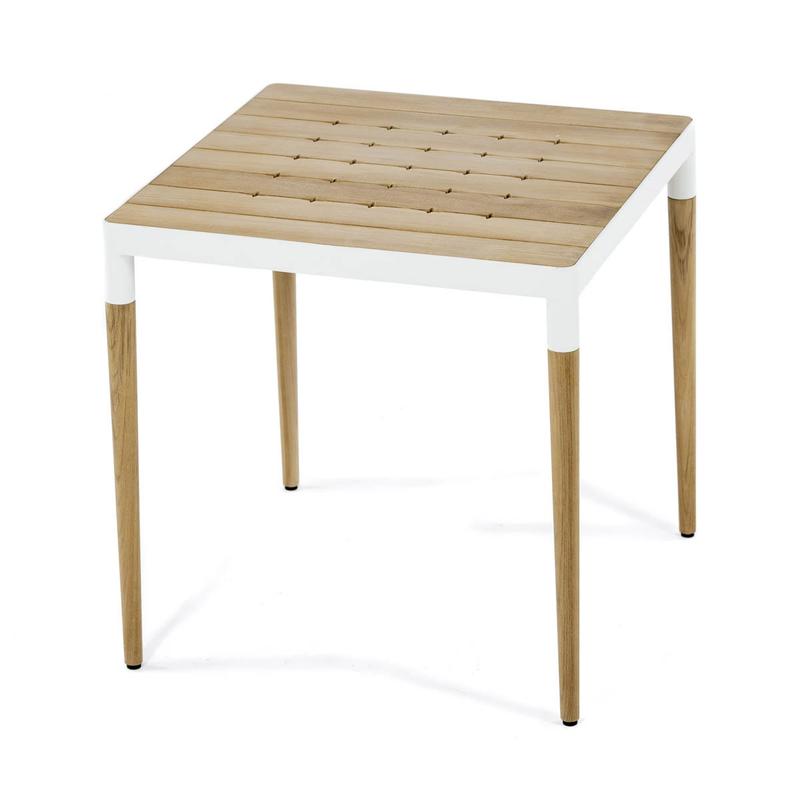 alt="70104 Bloom 32 inch Square Teak and Stainless Steel Powder Coated Table top angled side view on white background "