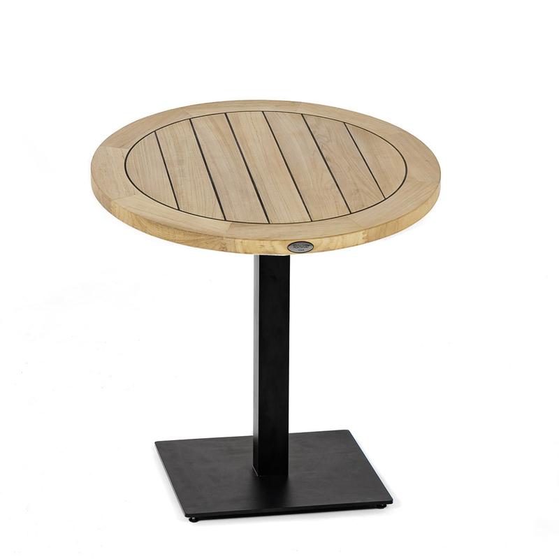 alt="70839 Vogue 24 inch Round Teak Table Top and Black Stainless Steel Base side angled view on white background"