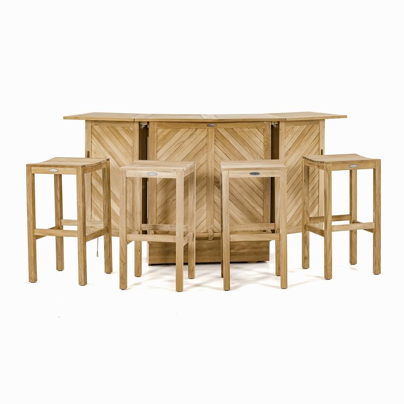 alt="17112 Somerset teak bar and stool five piece set opened front view on white background"