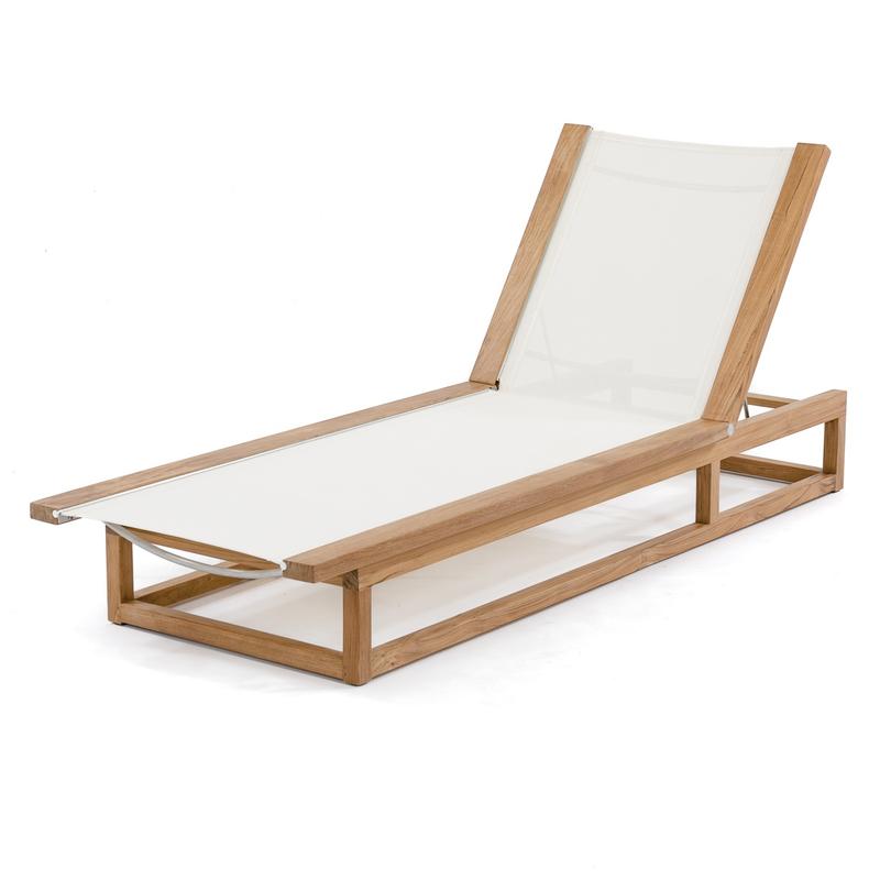 alt="16771 Maya teak Sling Lounger in white textilene mesh fabric the back rest in an upright position front angle view on white background"