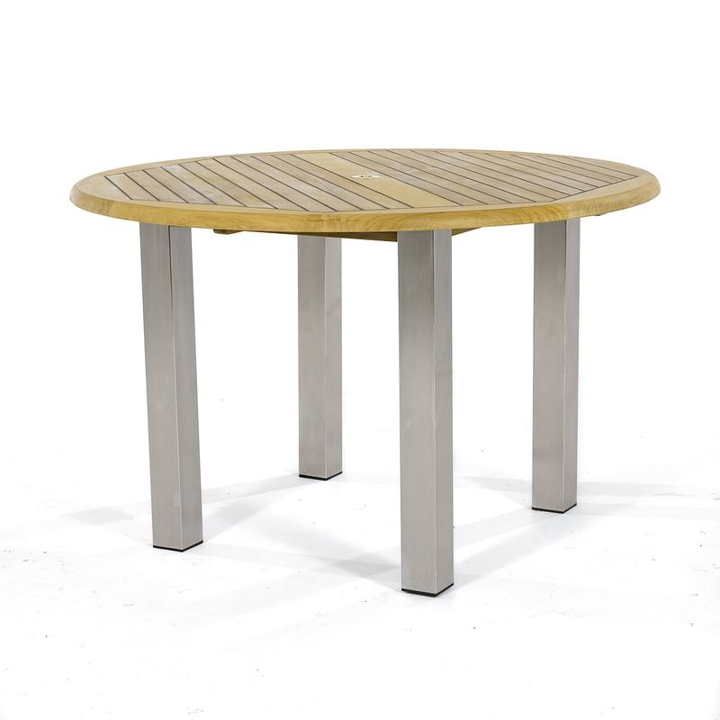 alt="70625 Vogue teak and stainless steel 48 inch diameter round dining table top angled on white background"